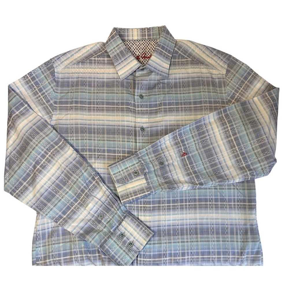 Robert Graham Long Sleeve Shirt Large Blue Plaid Flip Cuff Button Up Cotton‎